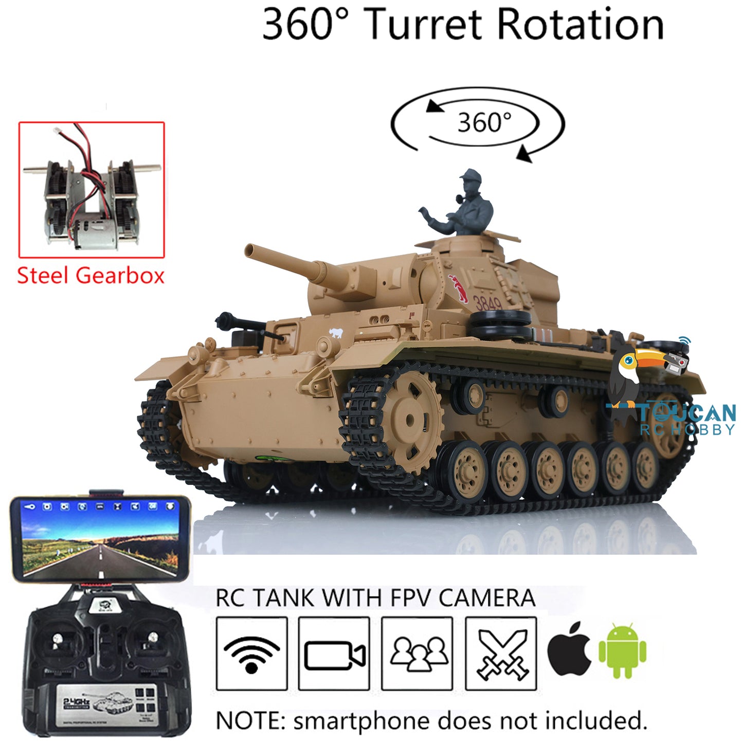 Henglong 1/16 7.0 Plastic Panzer III H/Panzer III L FPV RC Tank 3849 Gearbox 360 Degree Turret Rotation Infrared Combating System