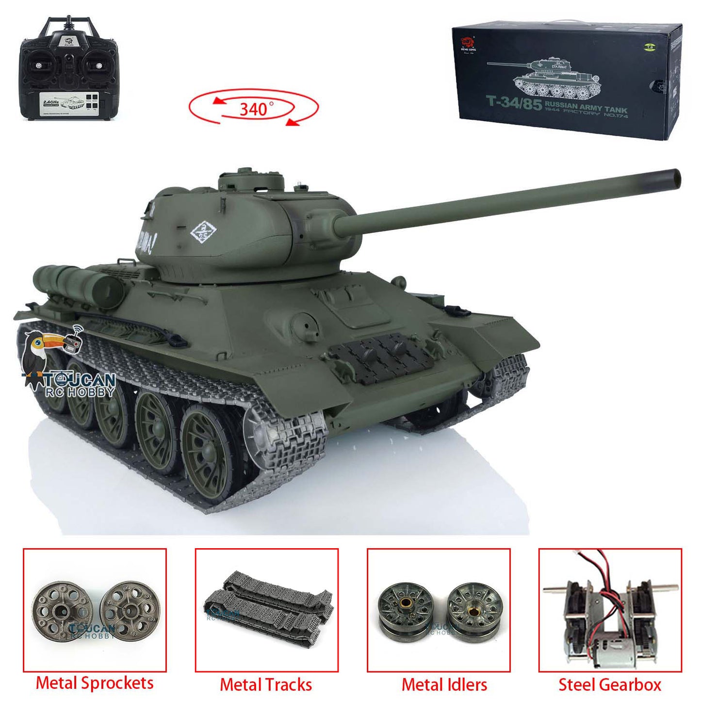 Henglong 1/16 Scale 7.0 Upgraded Soviet T34-85 3909 RTR RC Tank BB Infrared Combat Smoke Unit Metal Tracks Drive Idler Wheels