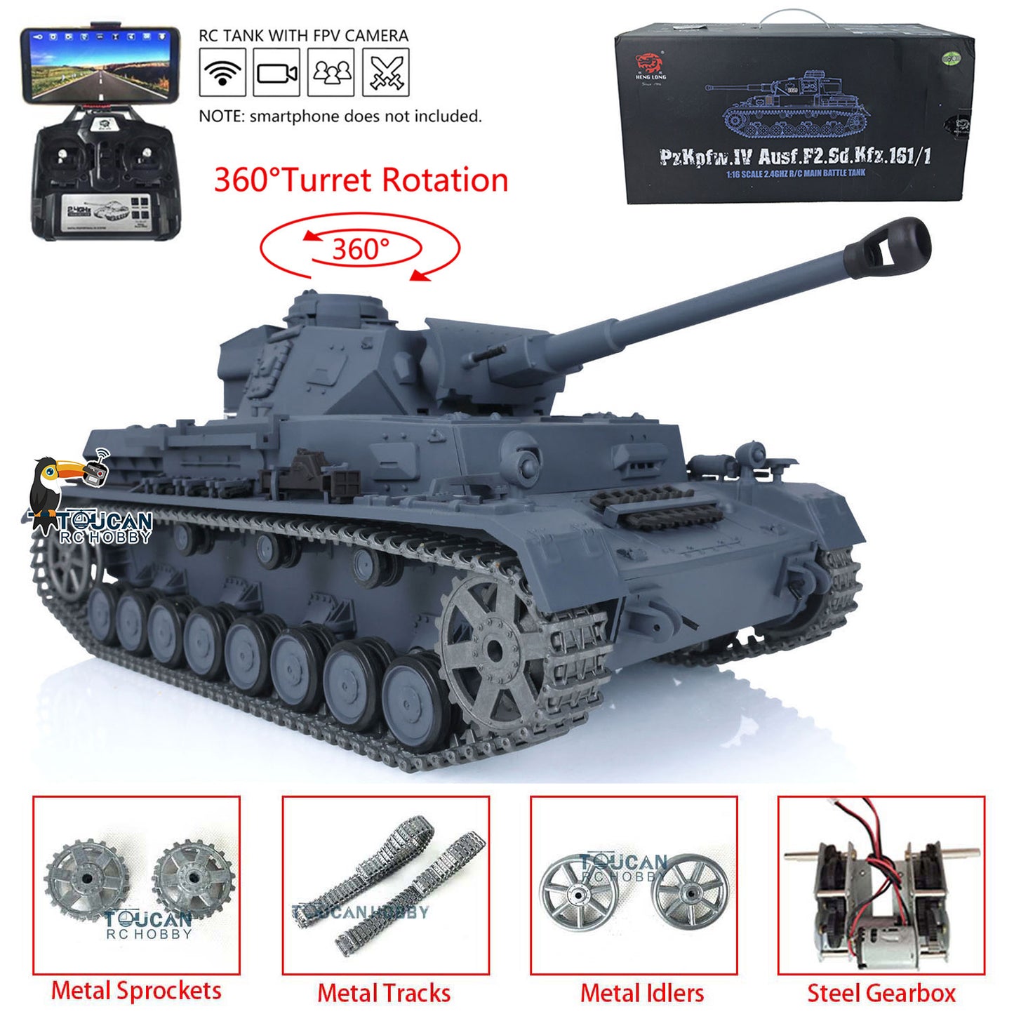 Henglong 1/16 Scale 7.0 Upgraded Panzer IV F2 RTR RC Tank 3859 Infrared Combating System 360 Degree Turret Rotation Metal Tracks