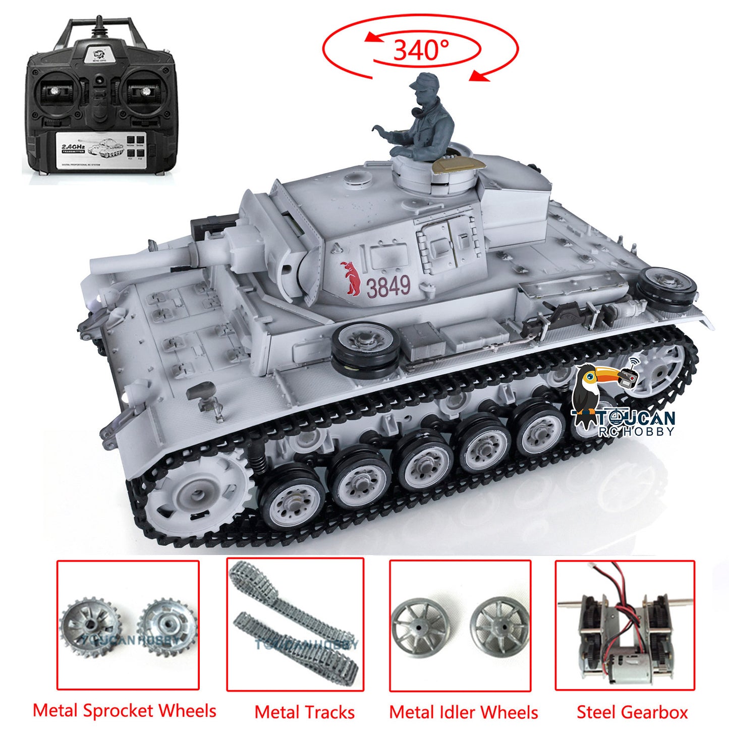 2.4G Henglong 1/16 Snow 7.0 Upgraded Panzer III H RTR RC Tank 3849 Metal Tracks Sprocket Wheels BB Infrared Combating System