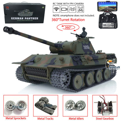 Henglong 1/16 TK7.0 RC Tank Model Panther 3819 w/ FPV 360 Degrees Rotating Turret Metal Tracks Road Wheels Engine Sound Smoking