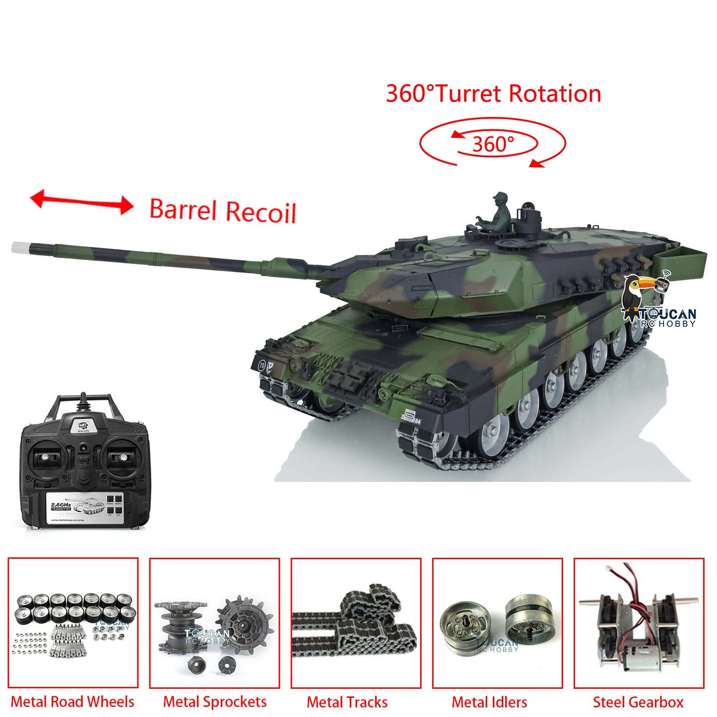 Henglong 1/16 TK7.0 Leopard2A6 RTR RC Tank 3889 with Barrel Recoil BB IR Smoke Metal Single Rubber Tracks Gearbox Sprockets Idlers Road Wheels
