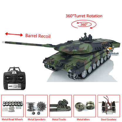 Henglong 1/16 TK7.0 Leopard2A6 RTR RC Tank 3889 with Barrel Recoil BB IR Smoke Metal Single Rubber Tracks Gearbox Sprockets Idlers Road Wheels