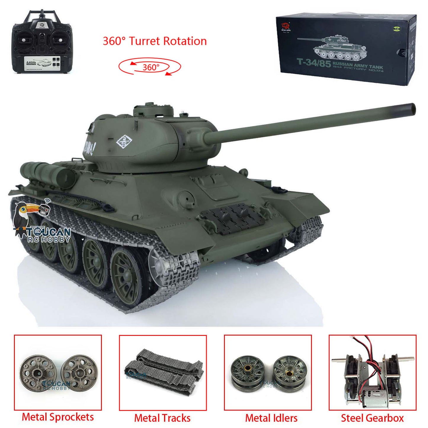 Henglong 1/16 7.0 Upgraded Soviet T34-85 I FPV RC Tank 3909 360?? Turret Radio Control Military Model BB Infrared Combating System Smoke