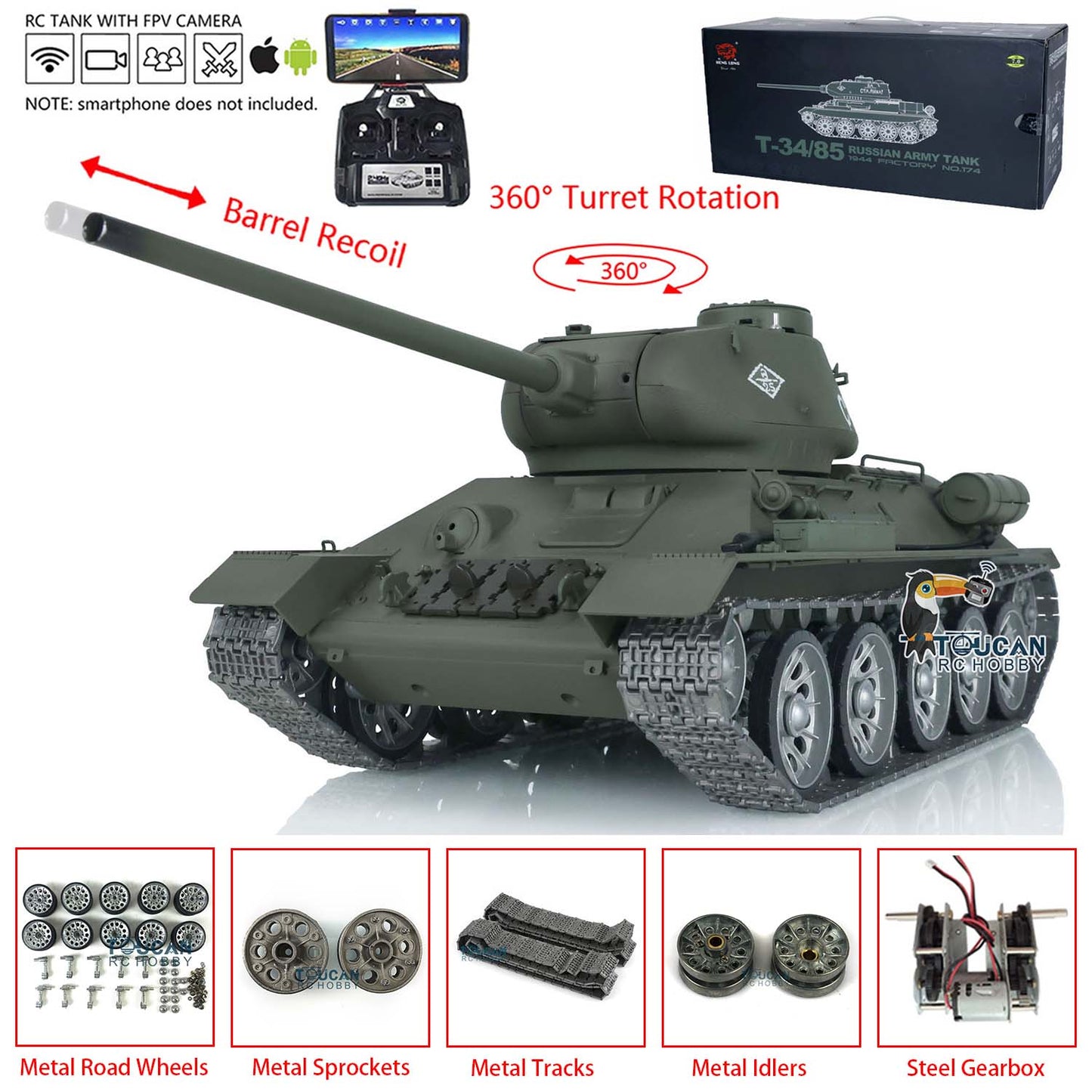 Henglong 1/16 7.0 T34-85 RC Tank 3909 360?? Turret IR BB Metal Track Wheels Radio Control Military Model Barrel Recoil Smoke Gearbox