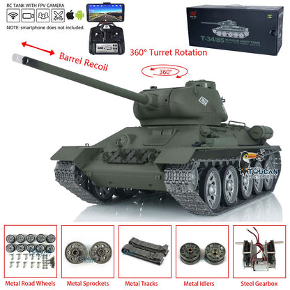 Henglong 1/16 7.0 T34-85 RC Tank 3909 360?? Turret IR BB Metal Track Wheels Radio Control Military Model Barrel Recoil Smoke Gearbox