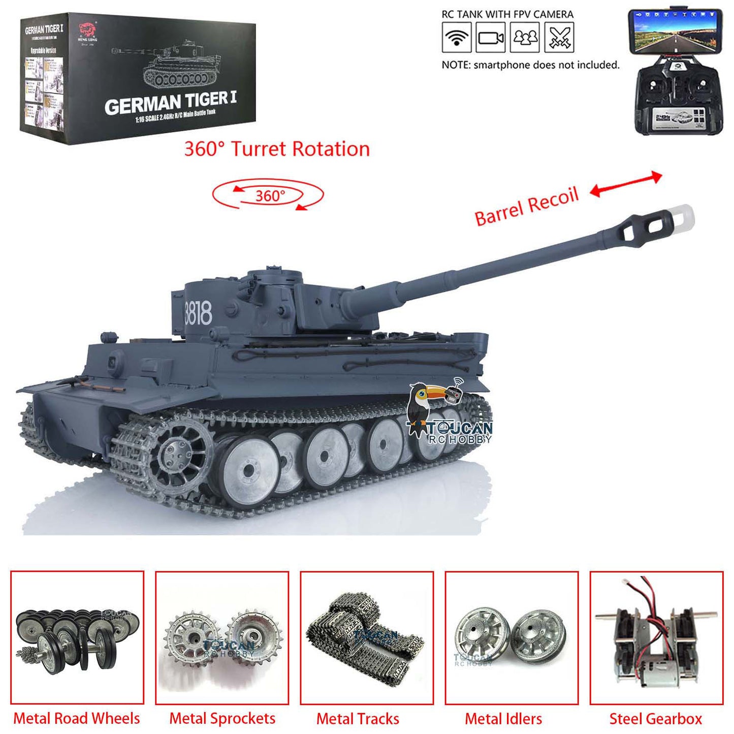 Henglong 1/16 Customized 7.0 M4A3 Sherman RC Tank 3898 360 Degree FPV IR BB Smoke Barrel Recoil Sound Metal Tracks Radio Control Military Vehicle Model