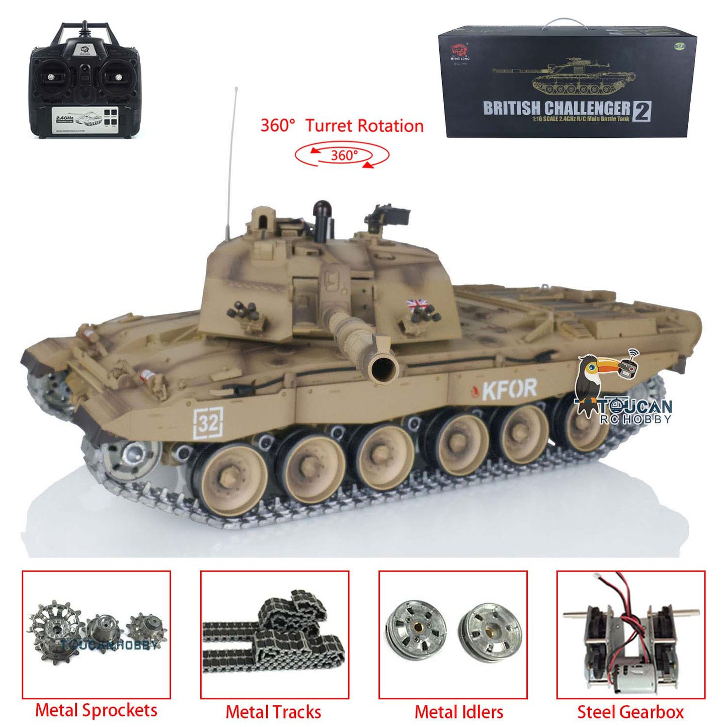 Henglong 1/16 7.0 Upgraded Challenger II RC Tank 3908 Metal Tracks W/ Rubbers 360 Degree Turret Rotation Infrared Combating System