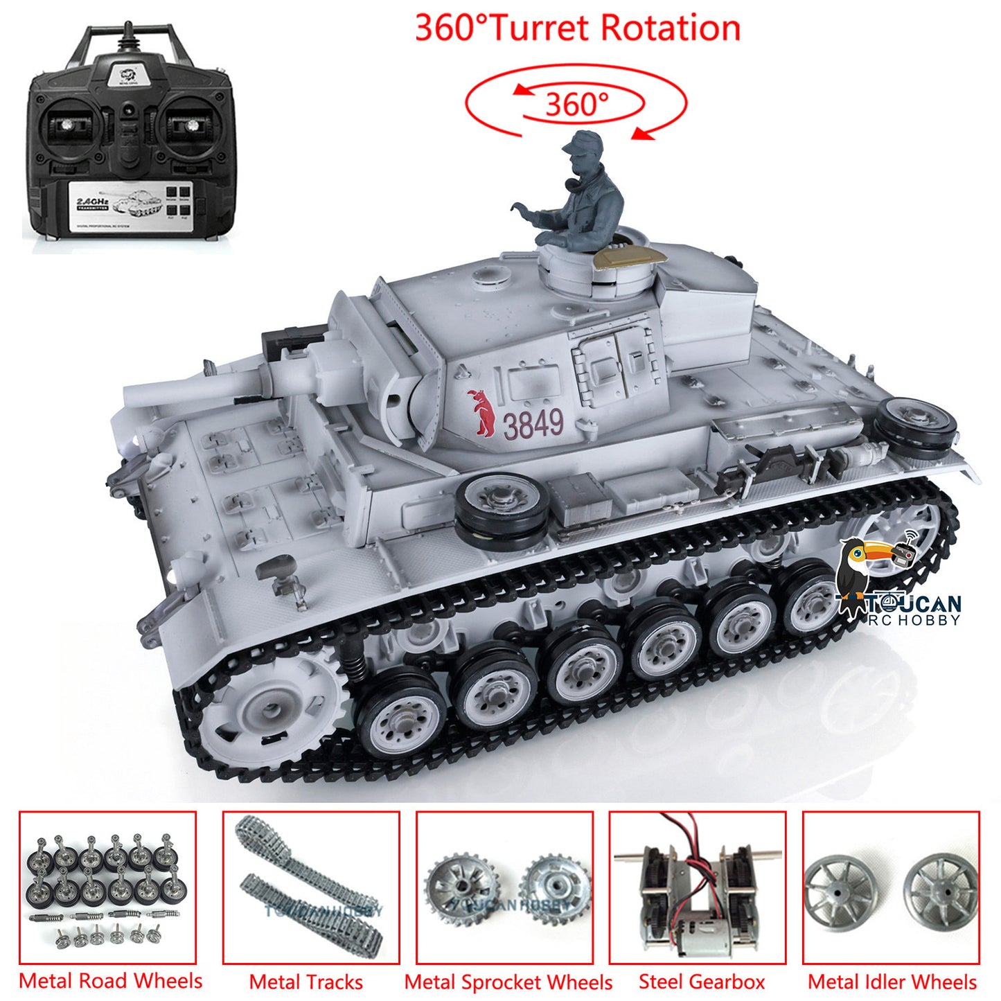 Henglong 1/16 7.0 Customized Panzer III H RTR RC Tank 3849 Metal Tracks Steel Gears Driving Gearboxes 360 Degree Turret Rotation