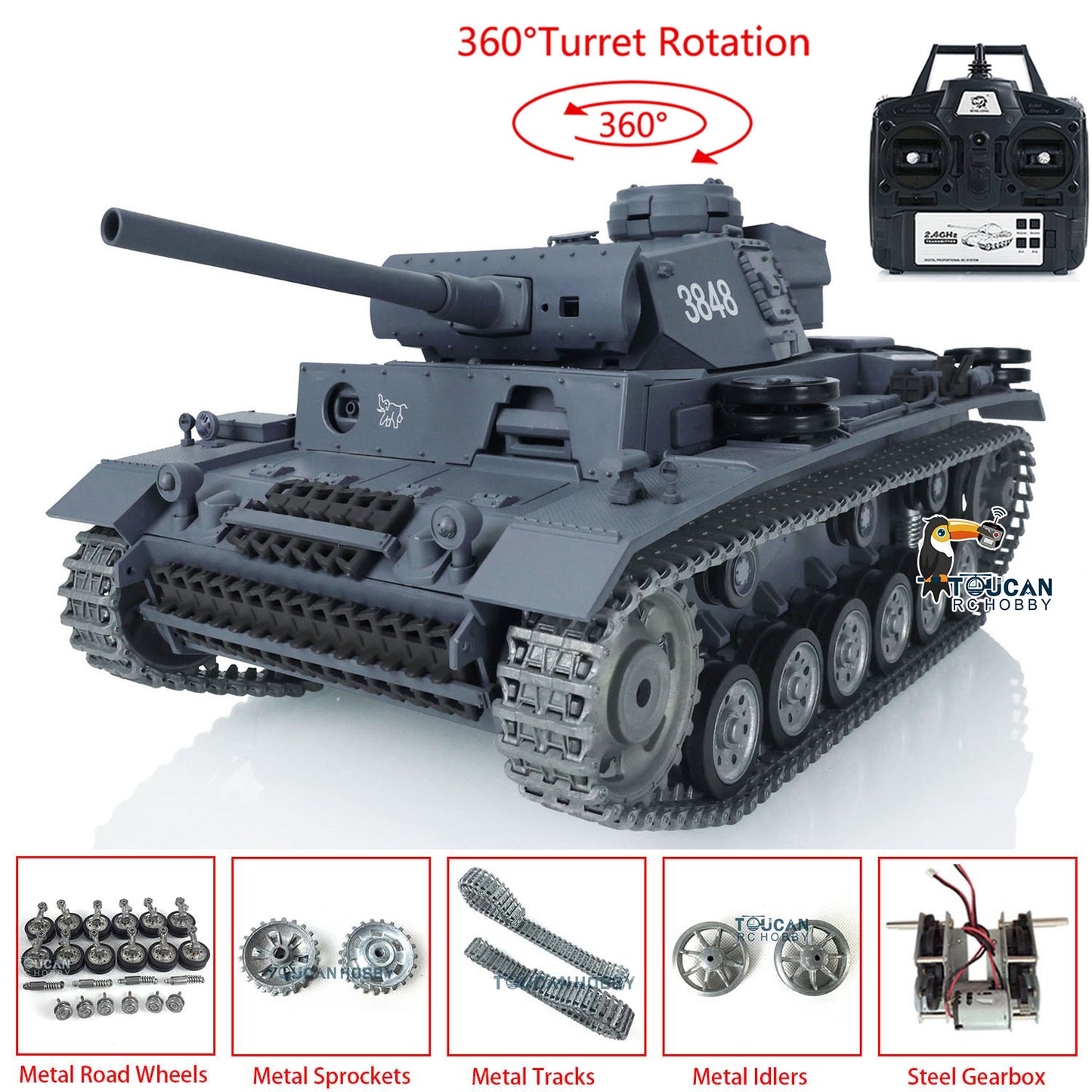 Henglong 1/16 Snow 7.0 Customized Panzer III L RTR RC Tank 3848 Metal Tracks Road Wheels 360 Degree Turret Rotation Infrared Combating System