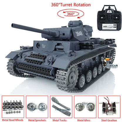 Henglong 1/16 Snow 7.0 Customized Panzer III L RTR RC Tank 3848 Metal Tracks Road Wheels 360 Degree Turret Rotation Infrared Combating System