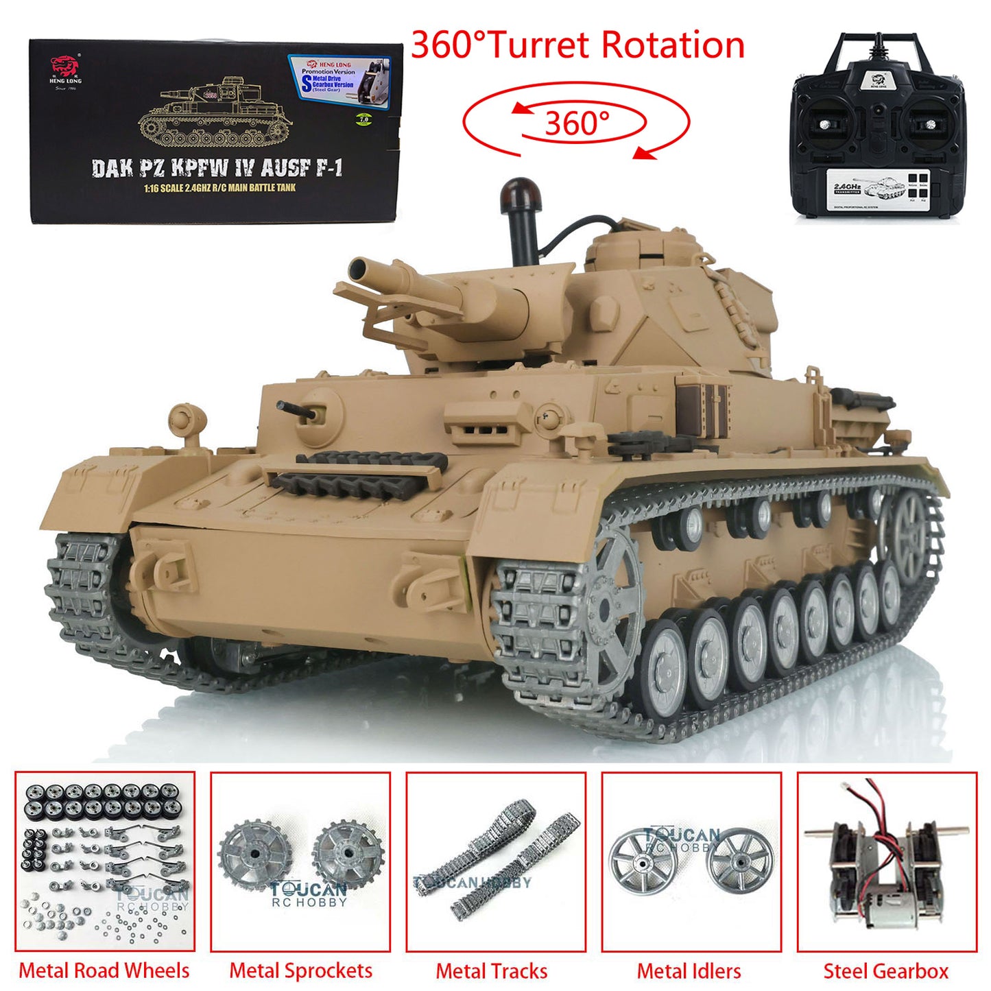 Henglong 1/16 2.4G 7.0 Customized 3858 Panzer IV F RTR RC Tank 360 Degree Turret Smoke IR BB Metal Tracks Drive Idler Road Wheels Gearbox Tracks