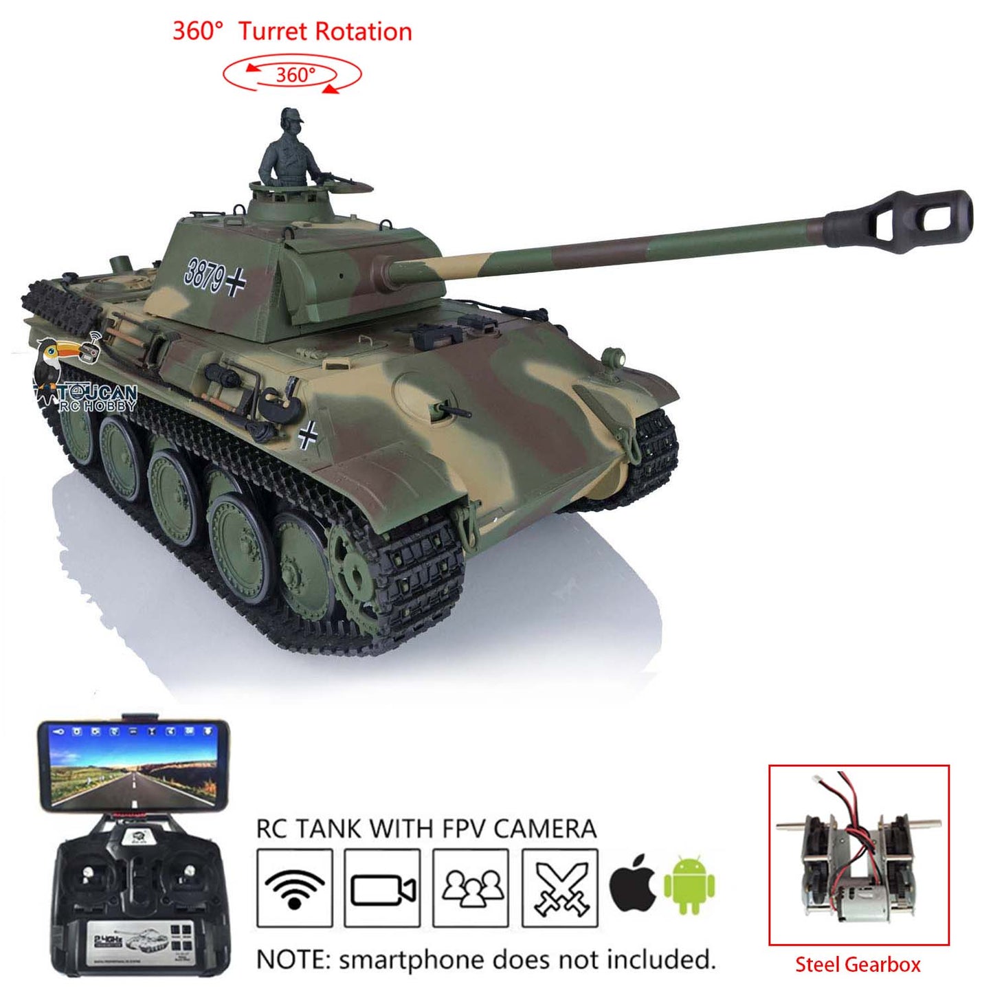 Henglong 1/16 7.0 Plastic FPV Panther G/KV-1 RC Tank 3879/3878 FPV 360 Degree Turret Metal Barrel Steel Gearbox Infrared Combating System