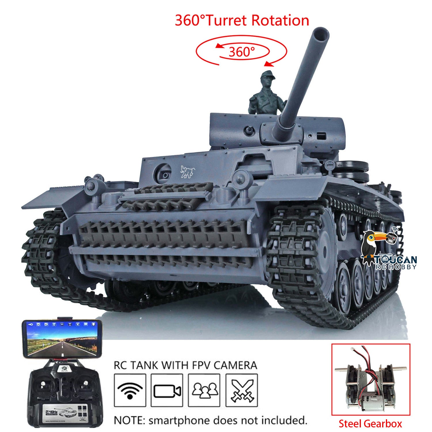 Henglong 1/16 Plastic 7.0 3848 3849 Panzer III H L RC Tank with FPV 360 Degree Turret Infrared System BB Smoke