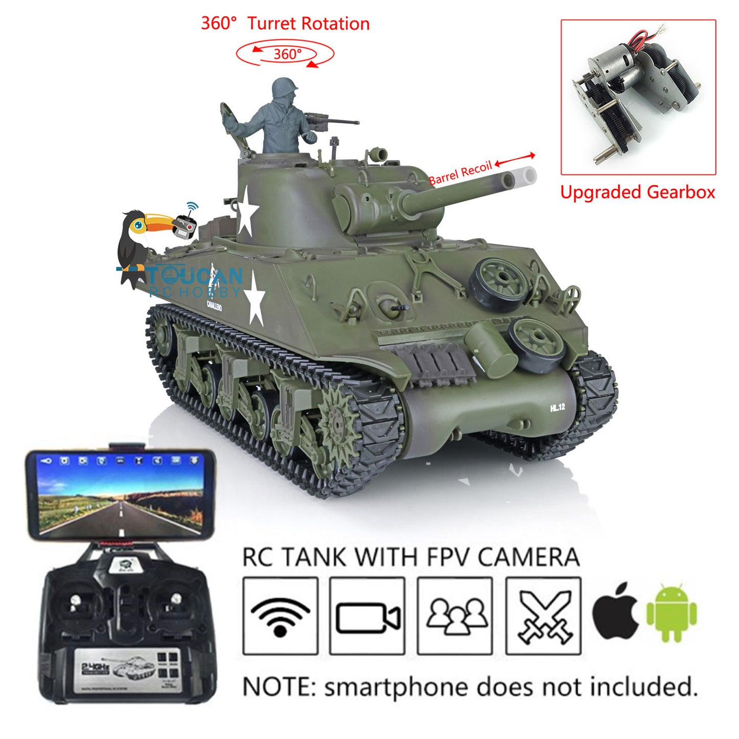 Henglong 1/16 7.0 Plastic M4A3 Sherman RC Tank 3898 360 Degree Turret Rotation FPV Infrared Combating System Barrel Recoil