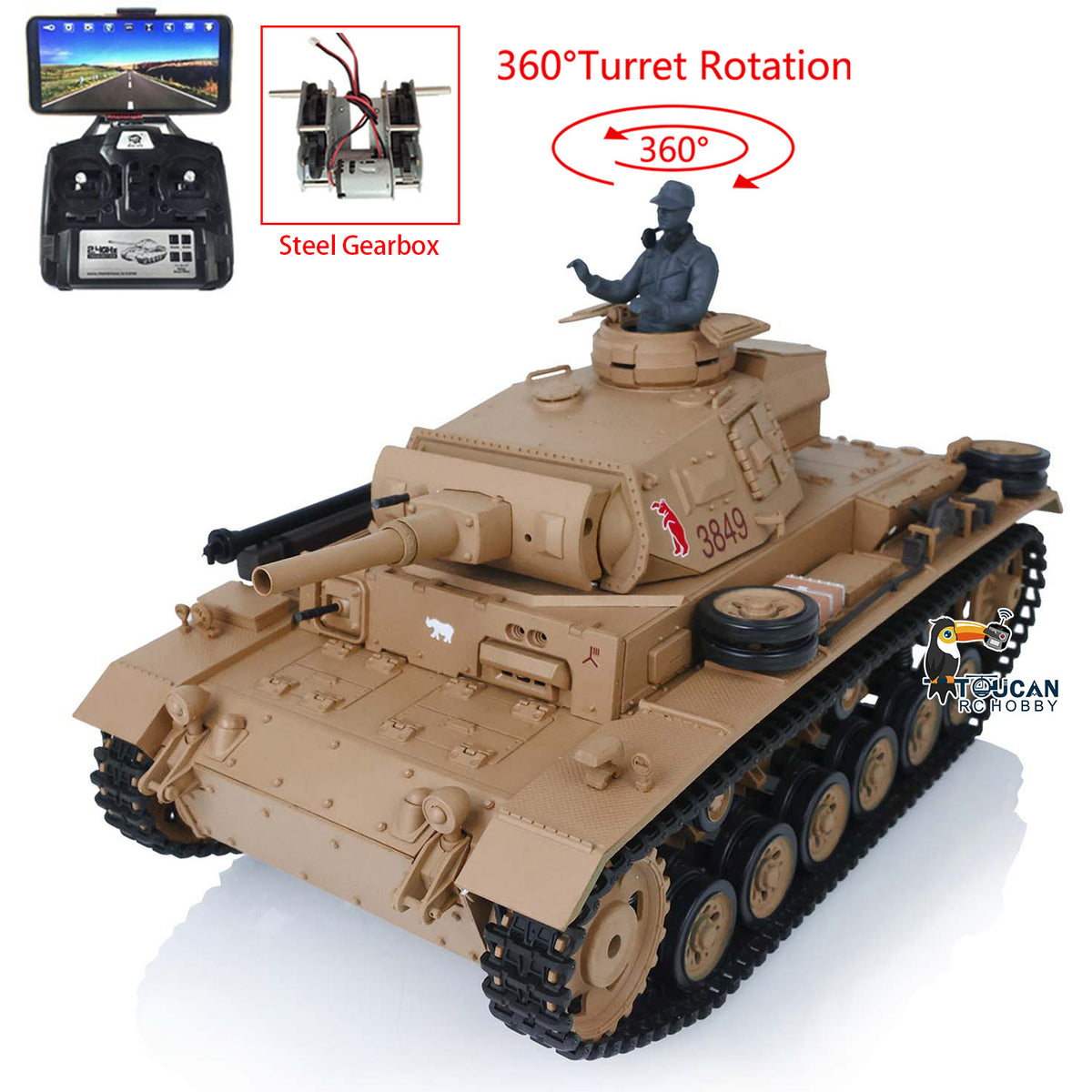 Henglong 1/16 Plastic 7.0 3848 3849 Panzer III H L RC Tank with FPV 360 Degree Turret Infrared System BB Smoke Steel Driving Gearbox Metal Barrel