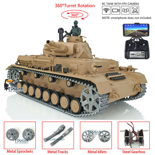 Henglong 1/16 RC Tank 3858 Upgraded Panzer IV F TK7.0 RTR Radio Control Tank W/ 360 Degrees Rotating Turret FPV Camera Metal Tracks
