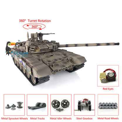 Henglong 2.4Ghz Russian T90 1/16 7.0 RTR RC Tank Model 3938 Red Eyes 360 Degrees Turret Metal Tracks Road Wheels Idlers Sprockets