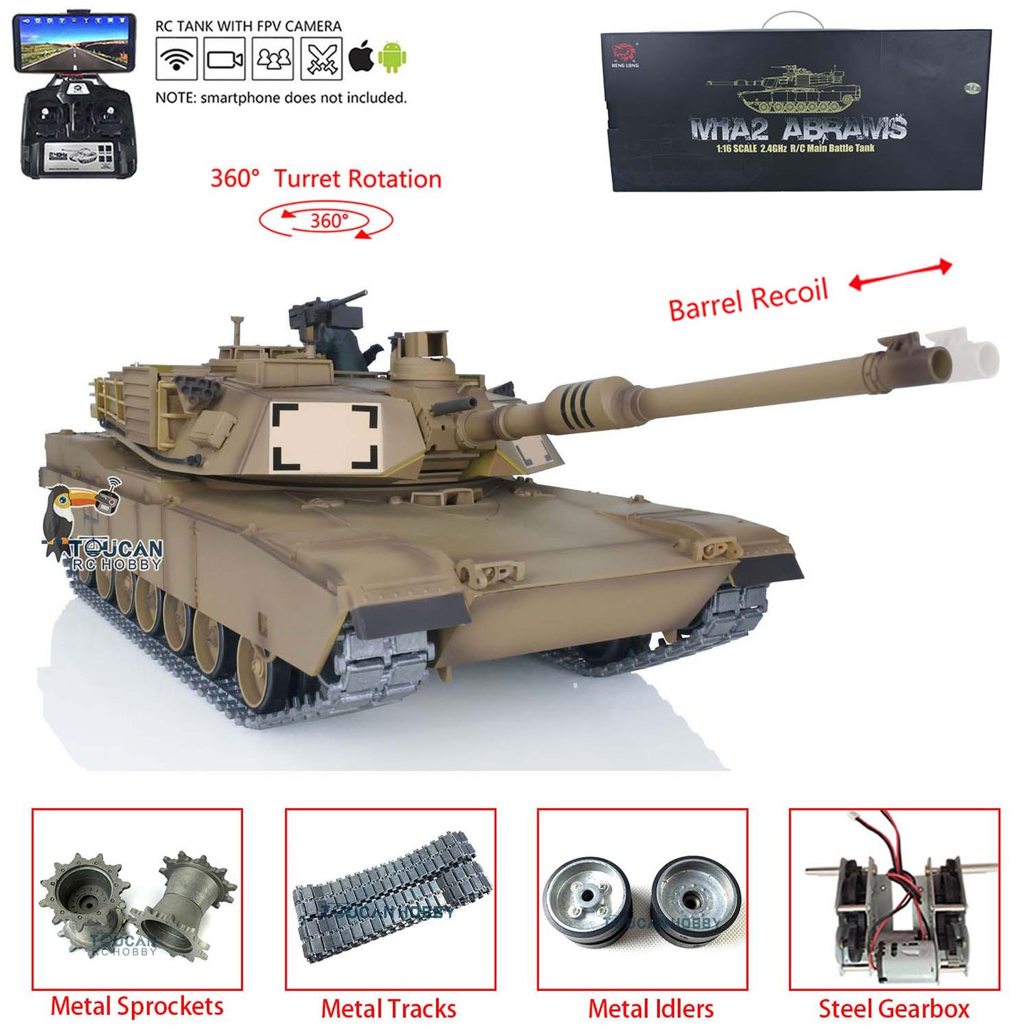 Henglong 1:16 Scale 7.0 Upgrade Edition M1A2 Abrams RTR RC Tank 3918 360 Degrees Turret Barrel Recoil Metal Tracks Idlers FPV