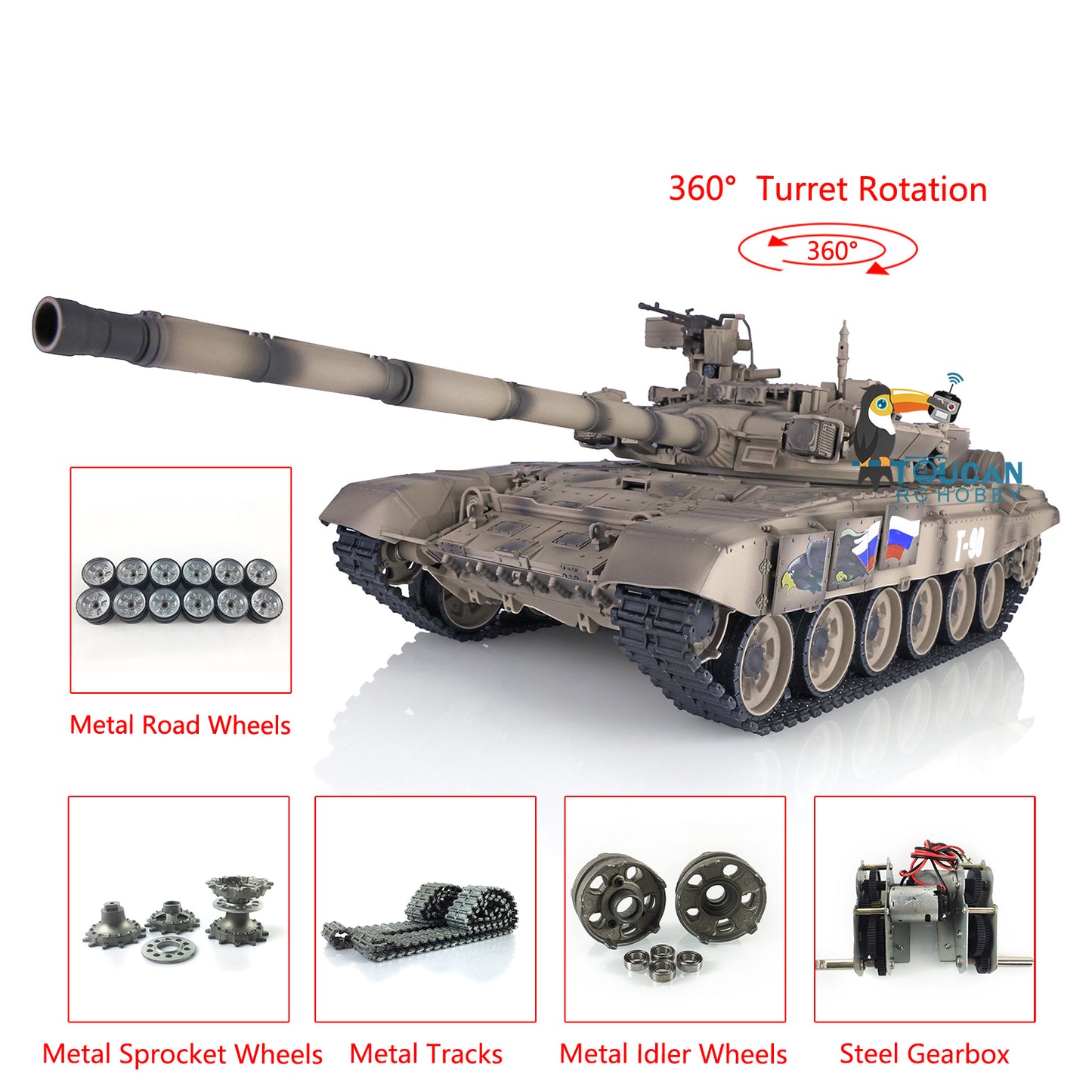 Henglong 1/16 7.0 Customized Russia T90 3938 RTR RC Tank Military Model 360 Degree Turret BB IR Smoke Metal Tracks Road Drive Idler Wheels Gearbox