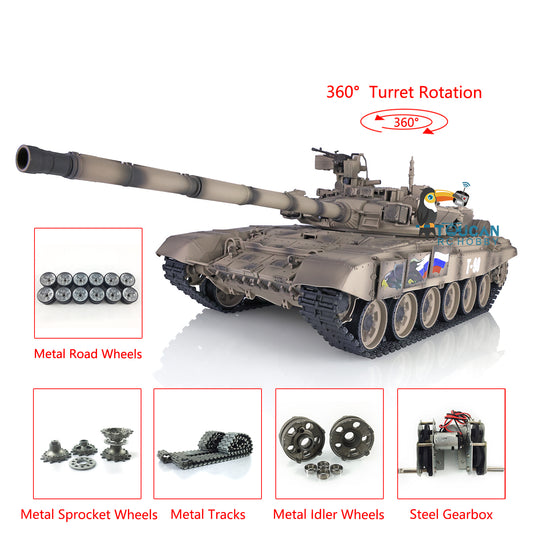 Henglong 1/16 7.0 Customized Russia T90 3938 RTR RC Tank Military Model 360 Degree Turret BB IR Smoke Metal Tracks Road Drive Idler Wheels Gearbox