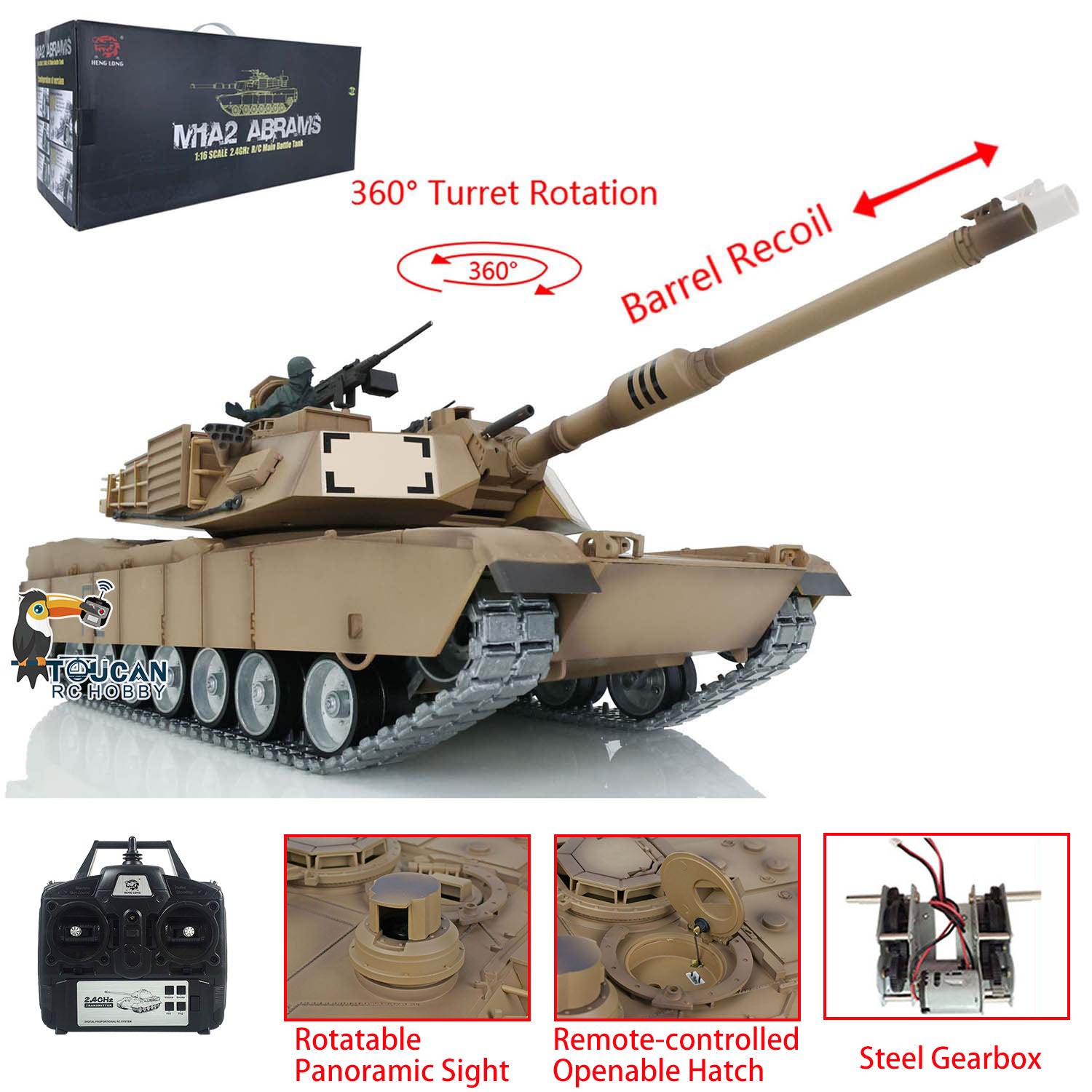 Henglong 1/16 TK7.1 Abrams M1A2 RTR RC Tank 3918 with Metal Wheels Tracks Gearbox