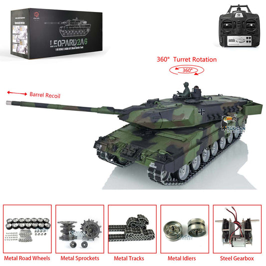 Henglong 1/16 7.0 Leopard2A6 RC Tank 3889 Barrel Recoil System Metal Tracks W/ Linkages BB Unit 360 Degree Turret Rotation