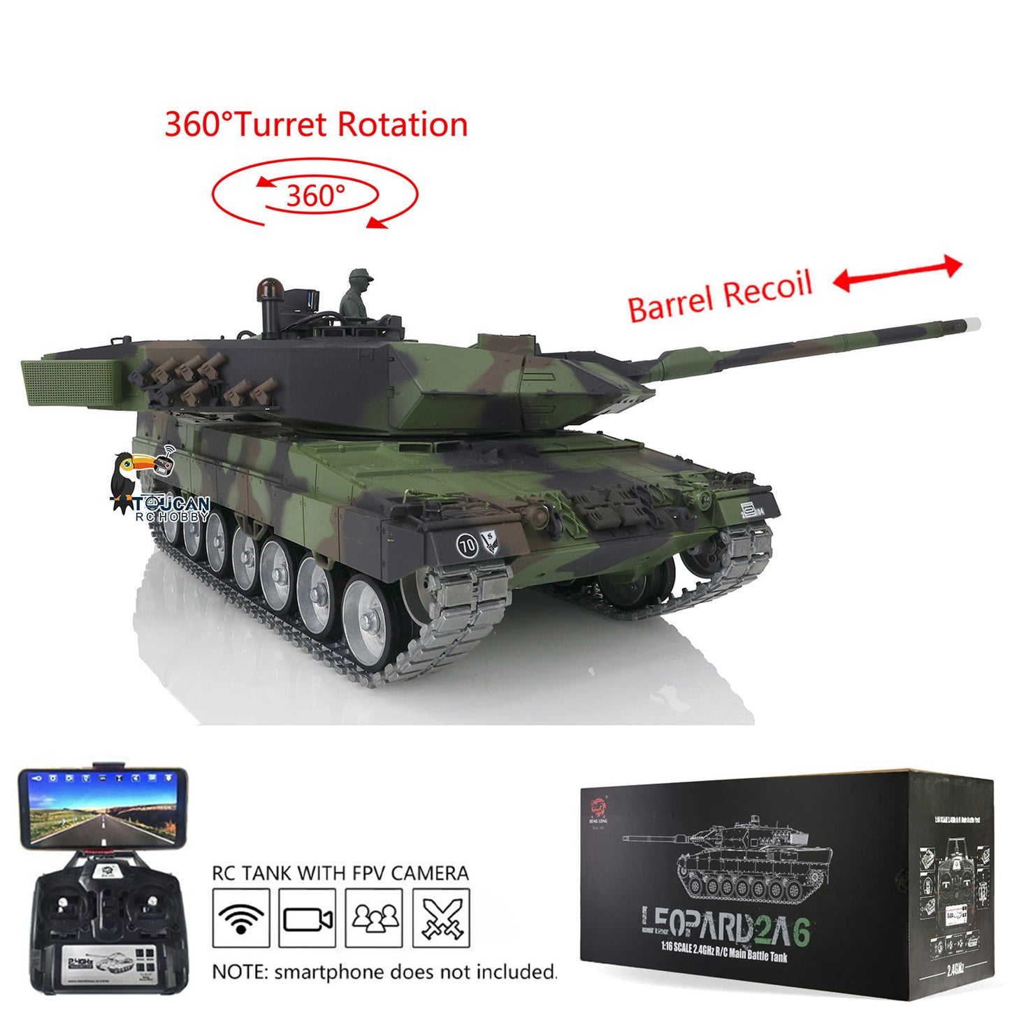 1/16 Henglong 7.0 RC Tank 3889 Leopard2A6 Assembled Metal Tracks Road Wheels FPV Barrel Recoil Infrared Combat Idle Smoke 360 Degree Turret Rotate BB Unit