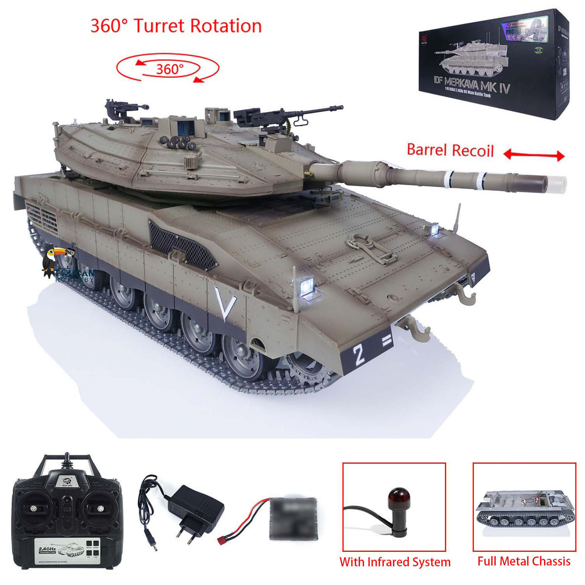 IN Stock Henglong 1/16 TK7.1 IDF Merkava MK IV 3958 RTR RC Tank with 360 Degrees Turret IR Metal Chassis Tracks Sprockets Idlers road Wheels Steel Gearbox