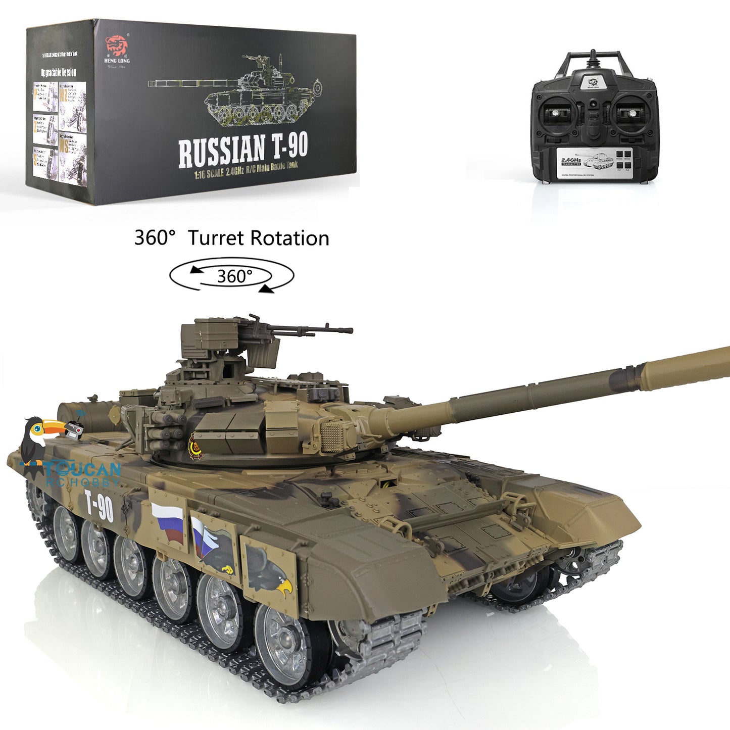 Henglong 1/16 7.0 Customized RC Tank 3938 Russian T90 Metal Road Wheels FPV Infrared Combat 360 Degree Turret BB Unit Idle Smoke