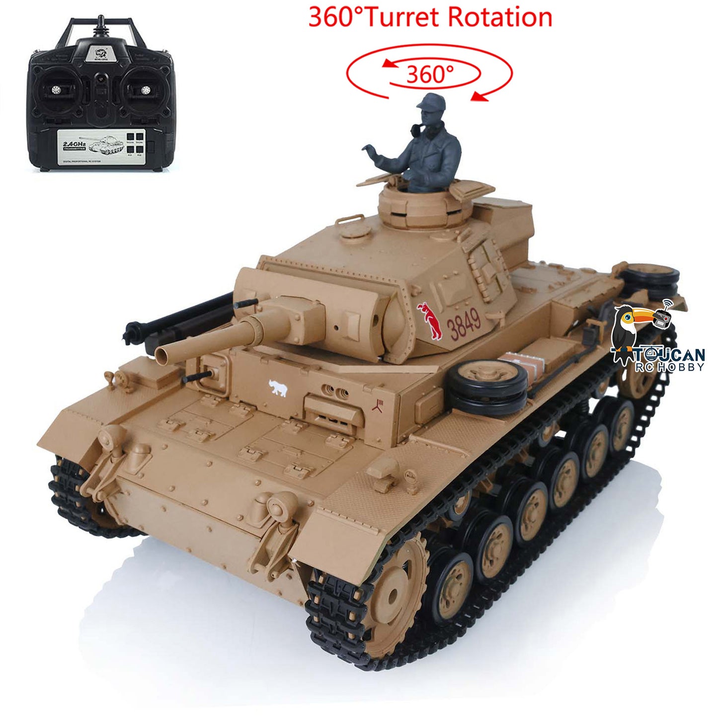 2.4G Henglong 1/16 7.0 Plastic German Panzer III H RTR RC Tank 3849 Metal Barrel Infrared Combating System 360 Degree Turret Rotation