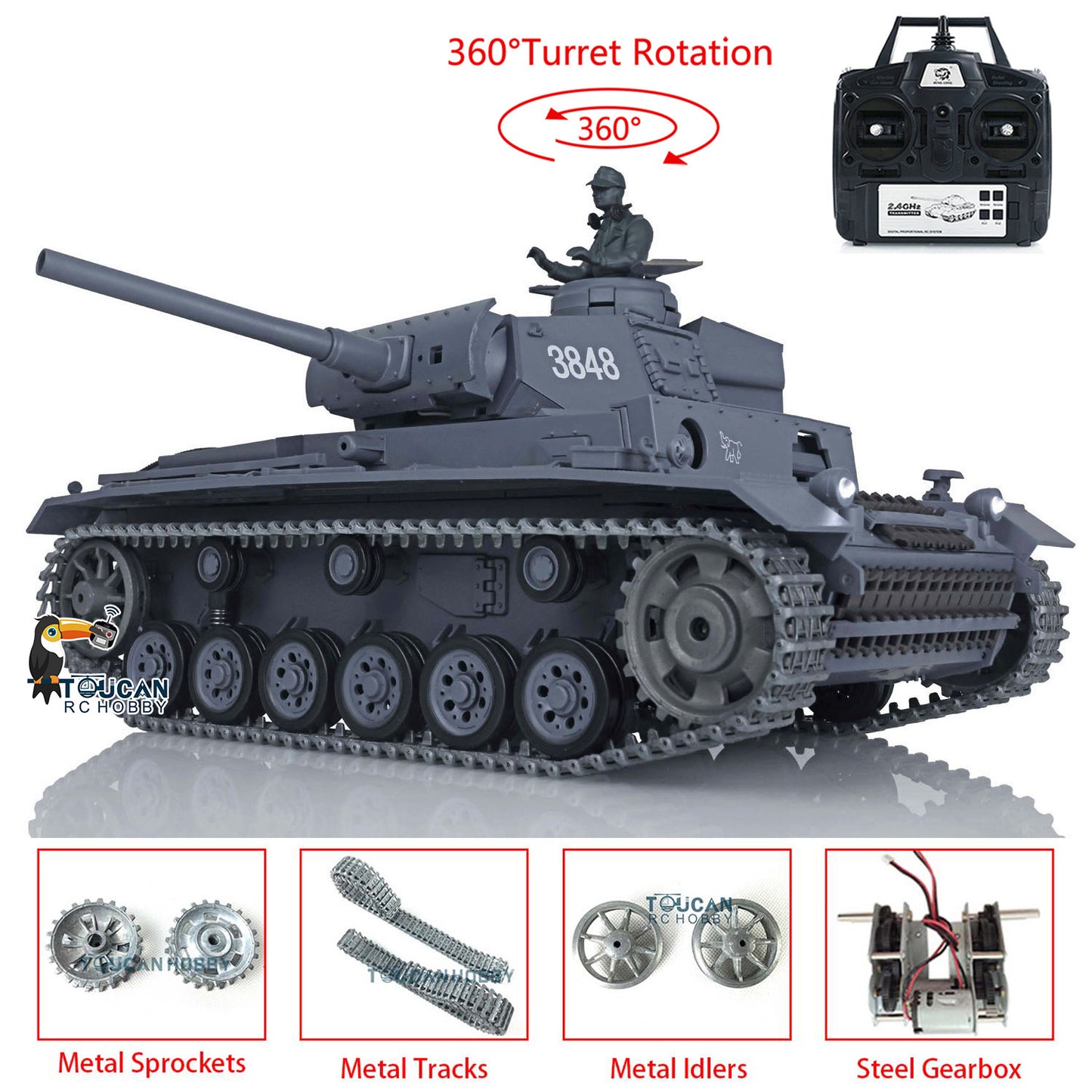 Henglong 1/16 7.0 RC Tank 3848 Upgraded Panzer III L Assembled Metal Tracks Sprocket Idlers Infrared Combat 360 Degree Turret Barrel Lifting Idle Smoke