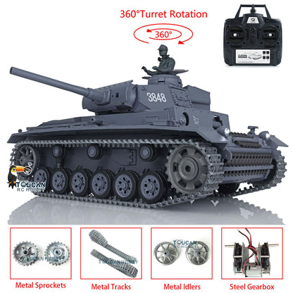 Henglong 1/16 7.0 RC Tank 3848 Upgraded Panzer III L Assembled Metal Tracks Sprocket Idlers Infrared Combat 360 Degree Turret Barrel Lifting Idle Smoke