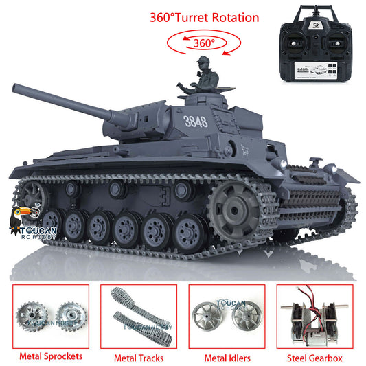 Henglong 1/16 7.0 RC Tank 3848 Upgraded Panzer III L Assembled Metal Tracks Sprocket Idlers Infrared Combat 360 Degree Turret Barrel Lifting Idle Smoke