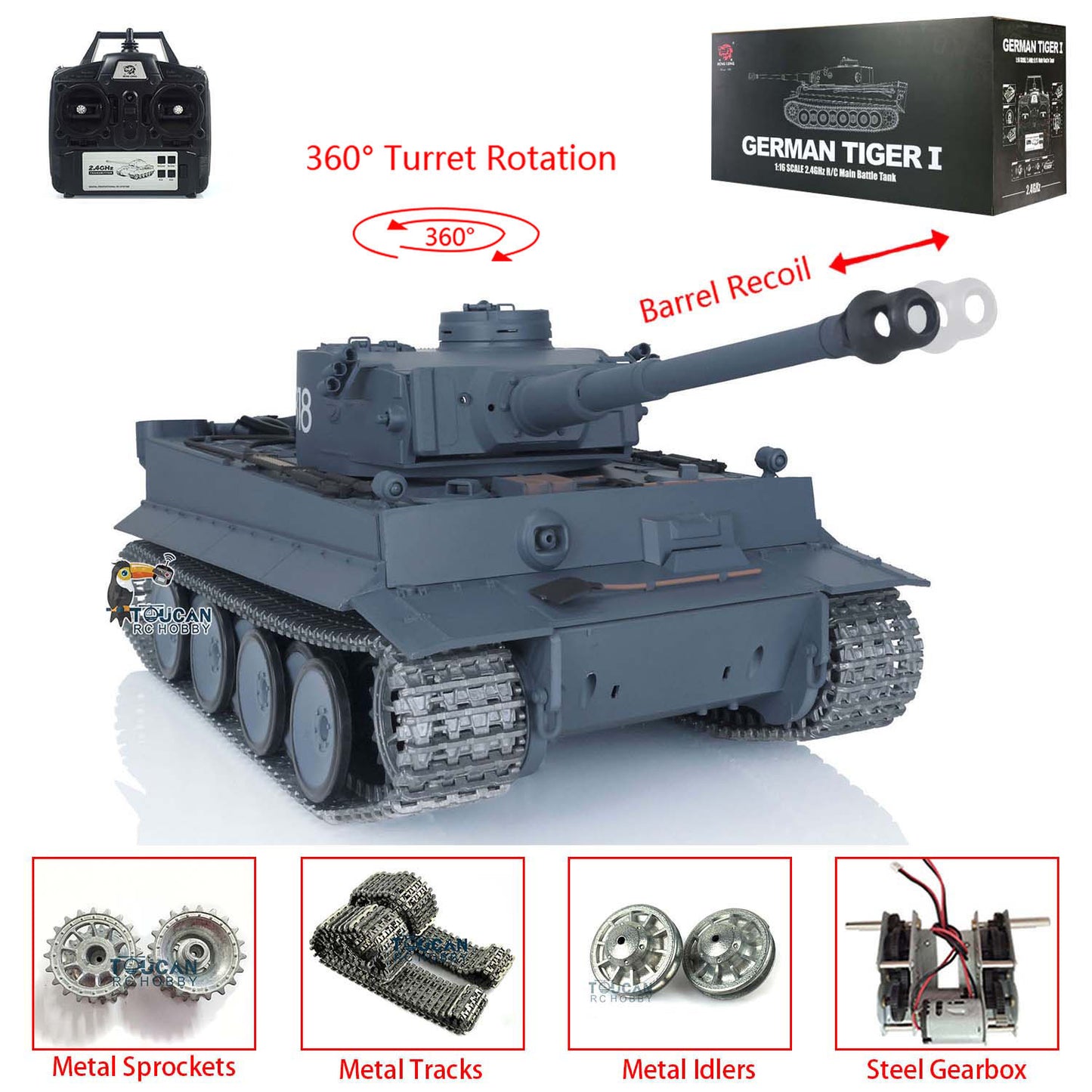 Henglong 1/16 Snow 7.0 Upgrade Tiger I RC Tank 3818 Barrel Recoil 360 Degree Turret Infrared Combat Idle Smoke Metal Tracks Sprocket Road Wheel Suspension