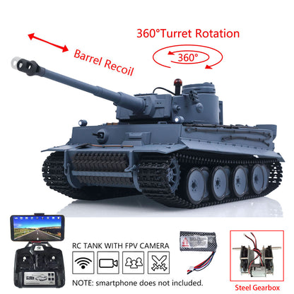 Henglong 1/16 Plastic 7.0 3818 Tiger I RTR RC Tank FPV 360 Degree Turret BB IR Steel Gearbox Metal Barrel Recoil Sound Light