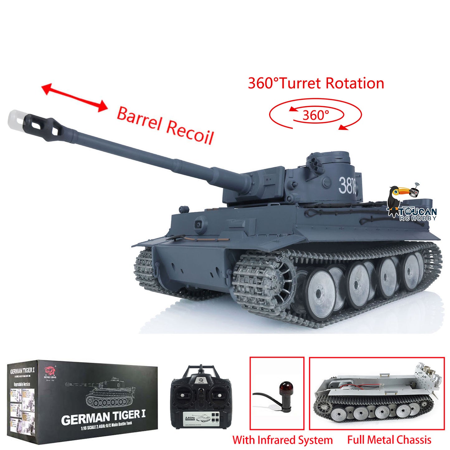 HengLong Factory 1/16 3818 Tiger 1 Radio Control Military Vehicle Full Metal Sprockets Idlers Chassis Plastic Hull RTR RC Tank Y