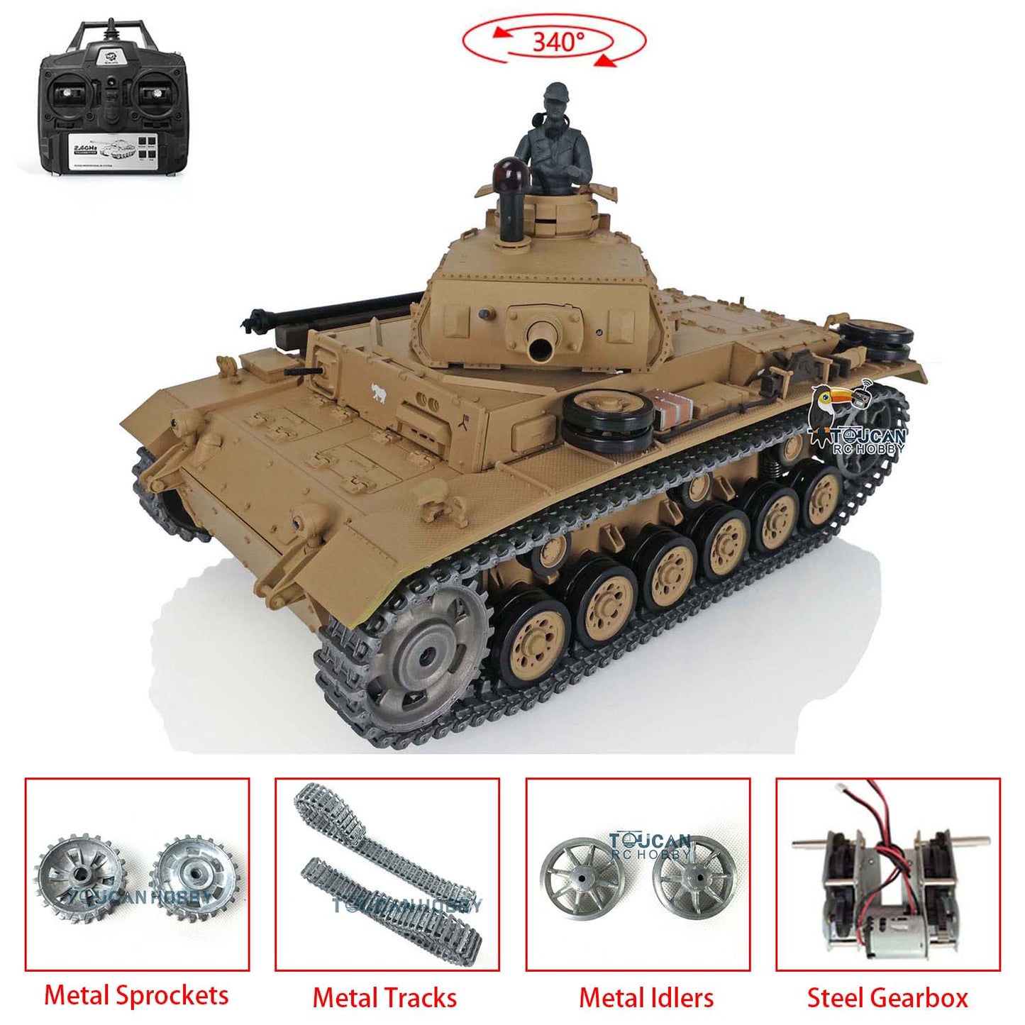 2.4G Henglong 1/16 Snow 7.0 Upgraded Panzer III H RTR RC Tank 3849 Metal Tracks Sprocket Wheels BB Infrared Combating System