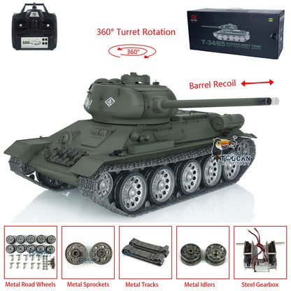 Henglong 1/16 7.0 T34-85 3909 RTR RC Tank BB IR Barrel Recoil 360 Degree Turret Metal Tracks Road Drive Idler Wheels