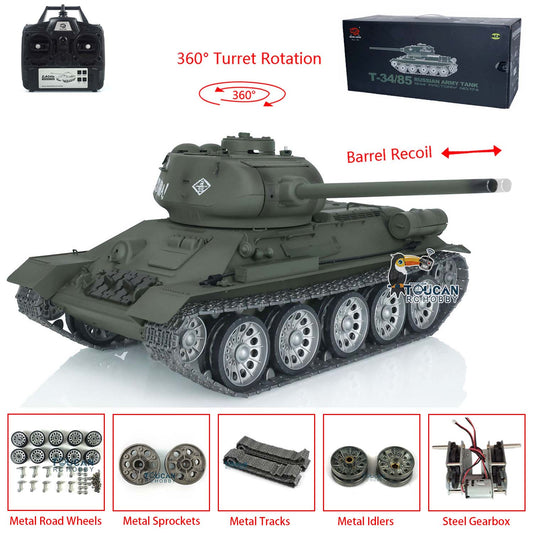 Henglong 1/16 7.0 T34-85 3909 RTR RC Tank BB IR Barrel Recoil 360 Degree Turret Metal Tracks Road Drive Idler Wheels