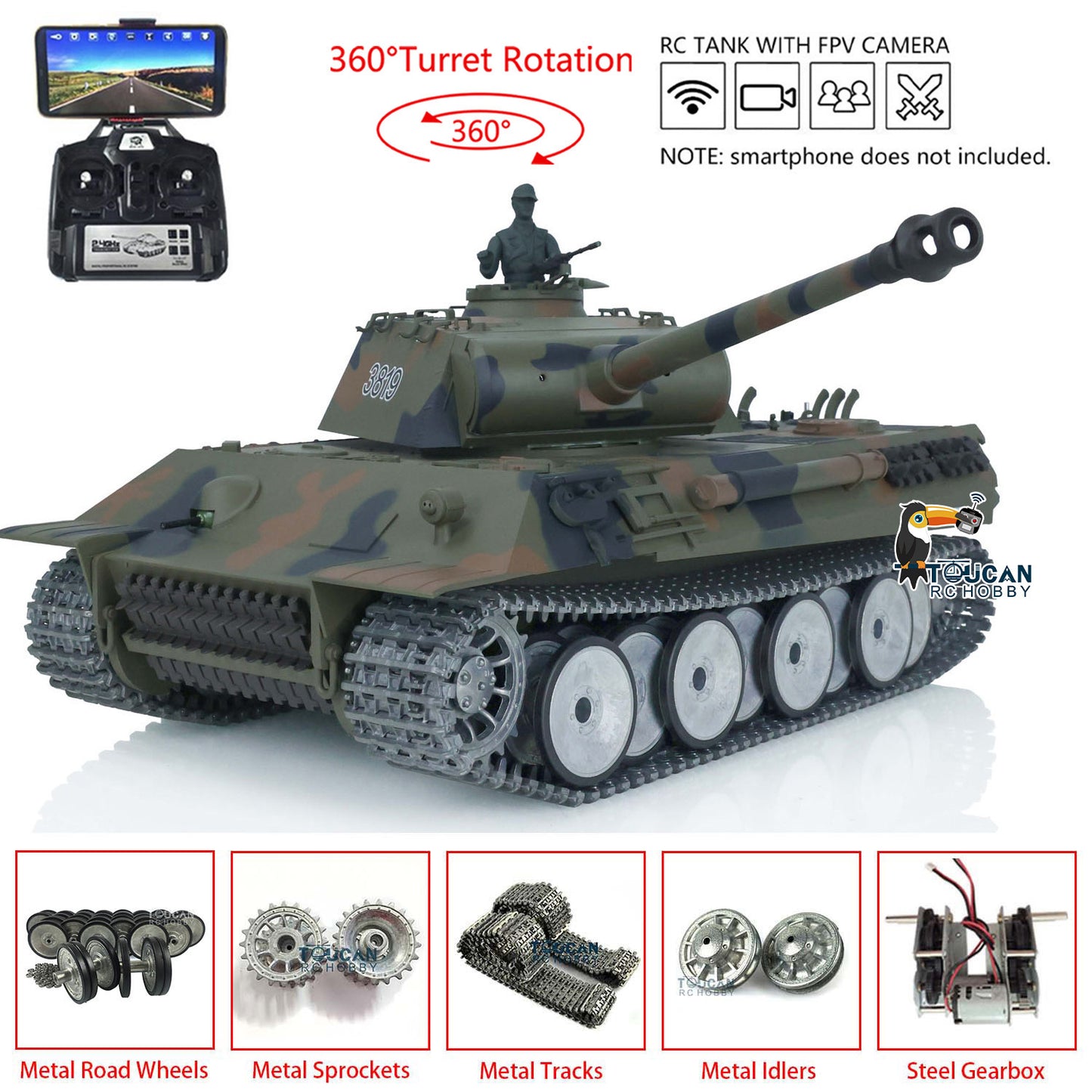 Henglong 1/16 TK7.0 German Panther RTR RC Tank 3819 FPV 360 Degrees Turret BB IR Smoke Metal Barrel Tracks Sprockets Idlers Road Wheels