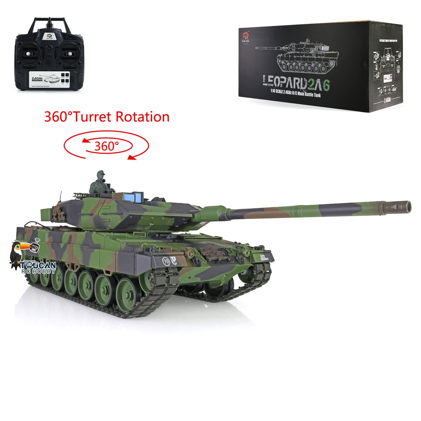 Henglong 1/16 7.0 RC Tank 3889 Green Plastic Leopard2A6 Assembled 360 Degree Turret Rotation BB Unit Infrared Combat Idle Smoke Metal Road Wheel Suspension