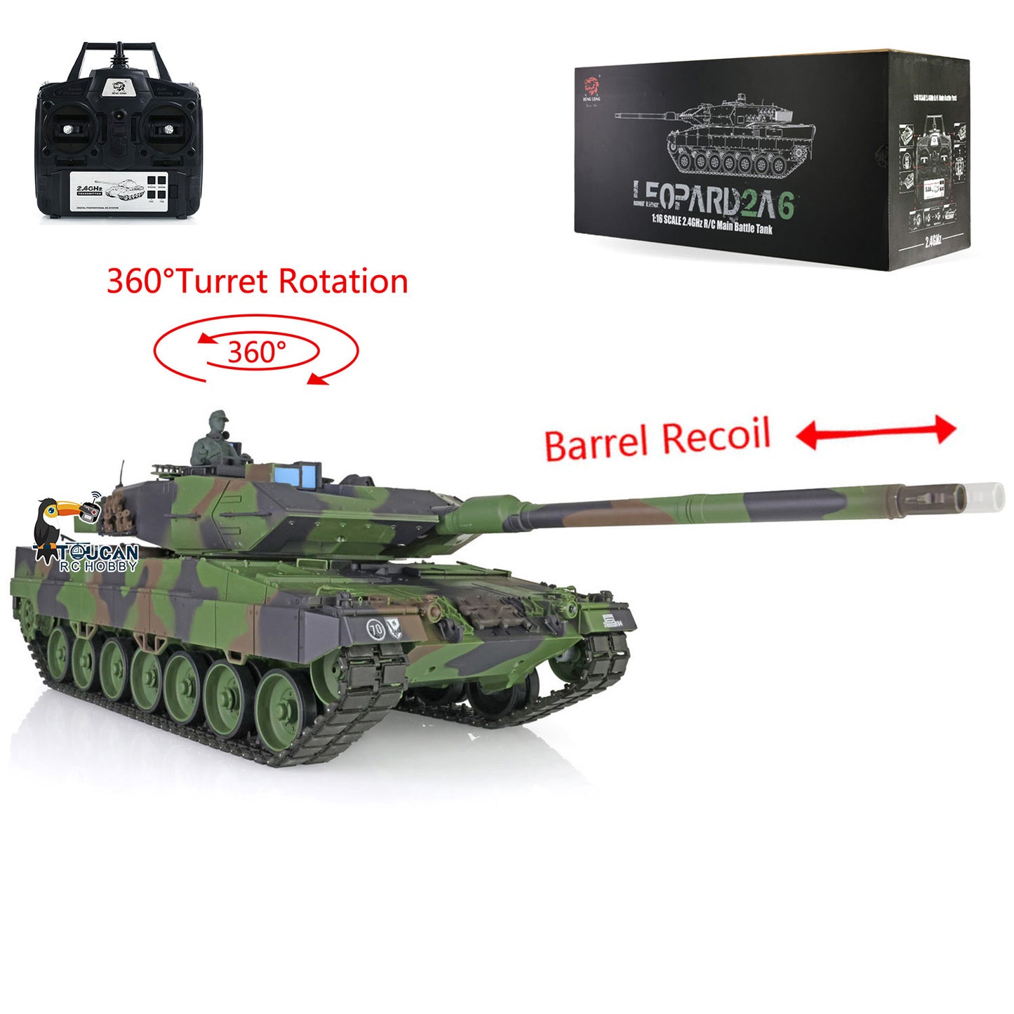 Henglong 1/16 TK7.0 Plastic German Leopard2A6 RTR RC Tank 3889 with 360 Degrees Turret Barrel Recoil BB Infrared Combat Smoke