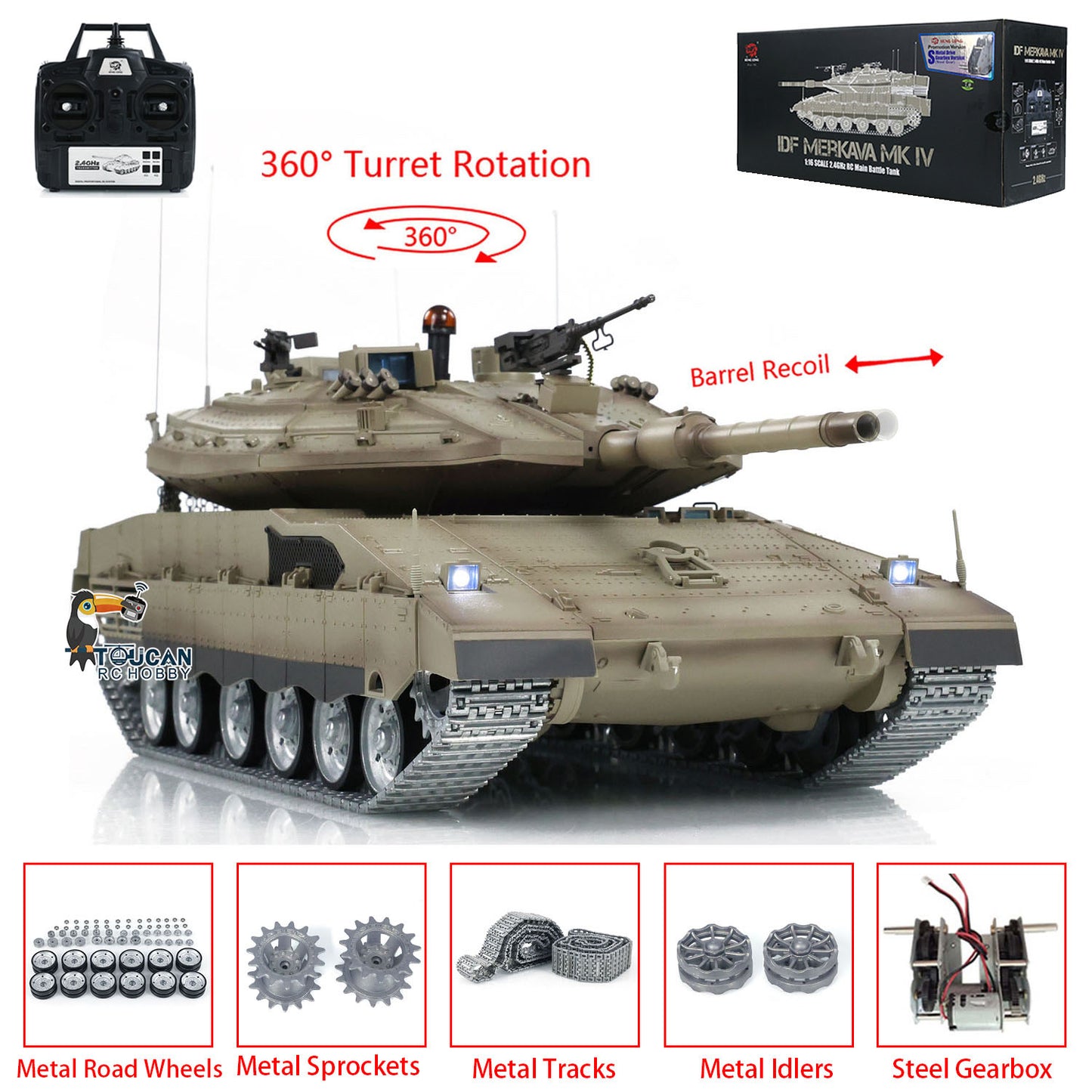 Henglong 1/16 TK7.0 Professional IDF Merkava MK IV RTR RC Tank 3958 with Barrel Recoil BB IR Smoke Metal Tracks Gearbox Sprockets Idlers Road Wheels