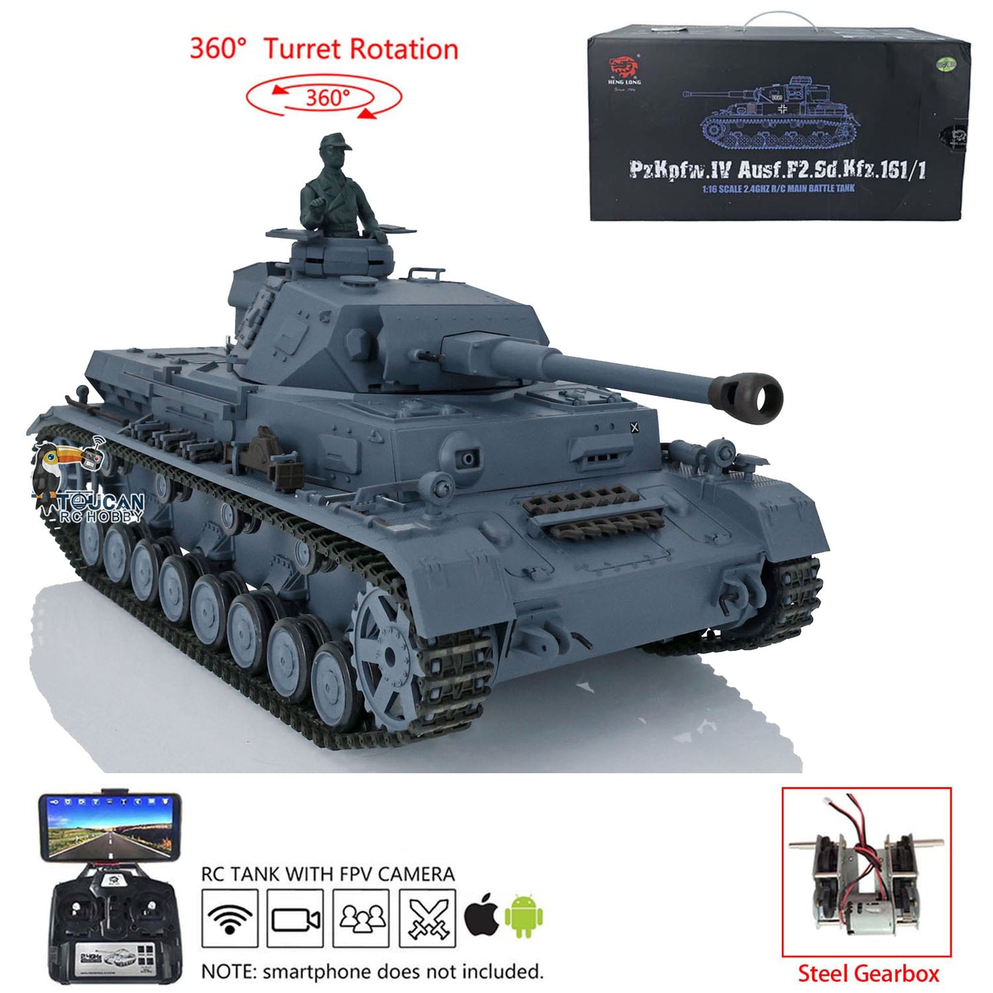 Henglong 1/16 7.0 Plastic FPV Panzer IV F2/Panzer IV F RC Tank 3859 Metal Steel Driving Gearbox 360 Degree Turret Rotation Infrared Combating System