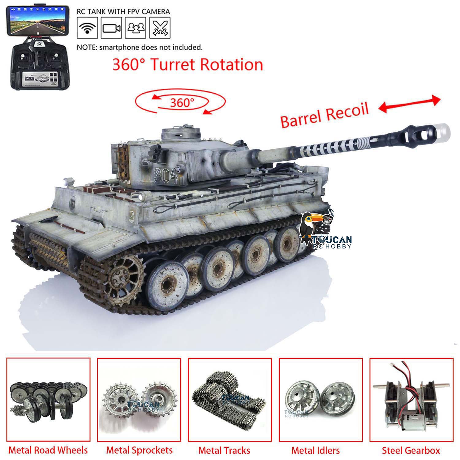 Henglong 1/16 TK7.0 3818 Tiger I RTR RC Tank with FPV 360 Degrees Turret Barrel Recoil Smoke Metal Tracks Sprockets Idlers Road Wheels