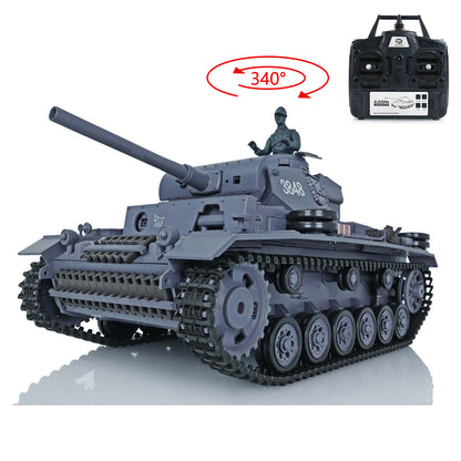 US Warehouse 2.4Ghz Henglong 1/16 7.0 3848 German Panzer III L RTR RC Tank Model 340 Degree Turret BB IR Smoke Metal Berrel
