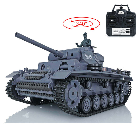US Warehouse 2.4Ghz Henglong 1/16 7.0 3848 German Panzer III L RTR RC Tank Model 340 Degree Turret BB IR Smoke Metal Berrel