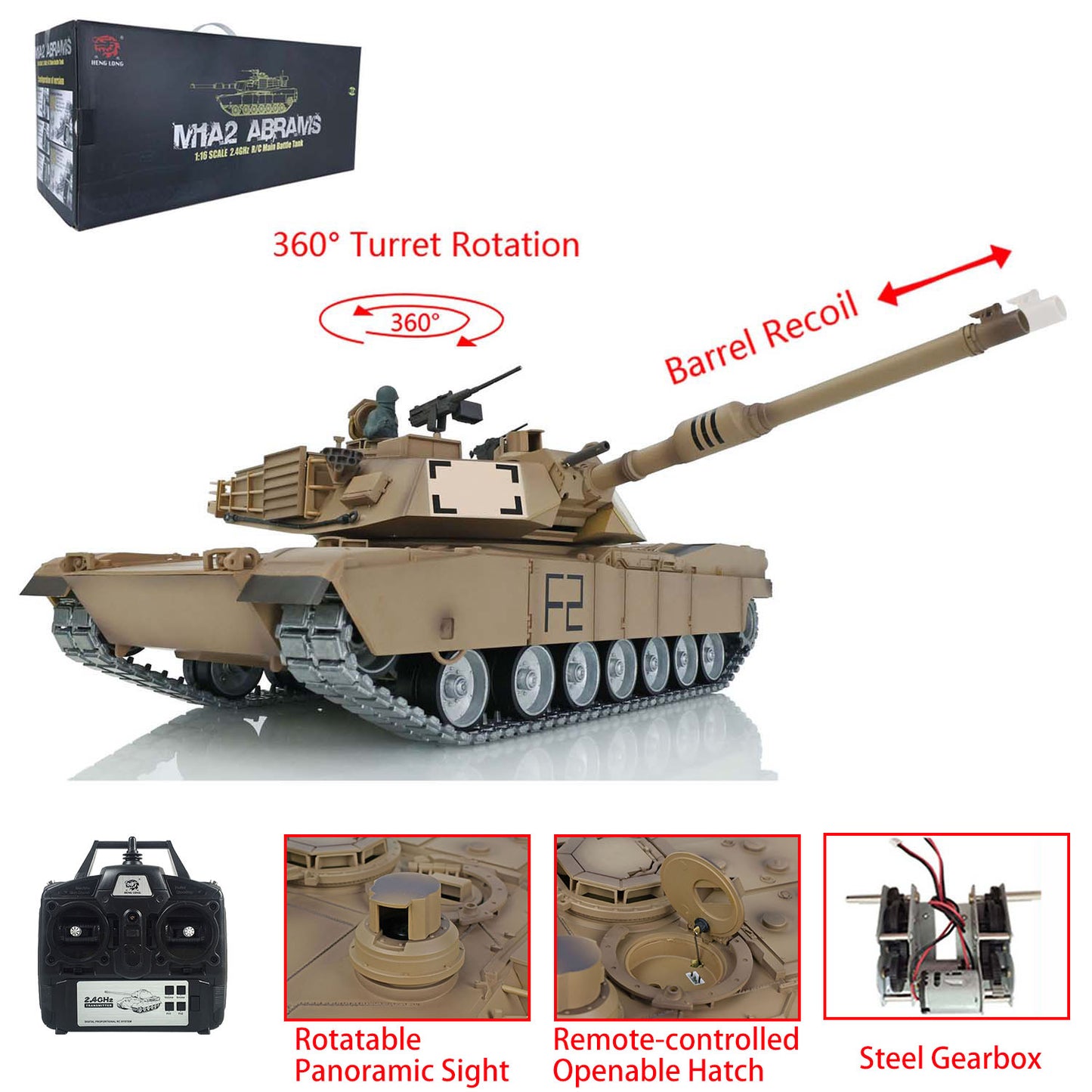 Henglong 1/16 7.0 3918 Abrams M1A2 RTR RC Tank Openable Hatch Rotatable Panoramic Sight BB IR Smoke Metal Wheels Tracks Gearbox