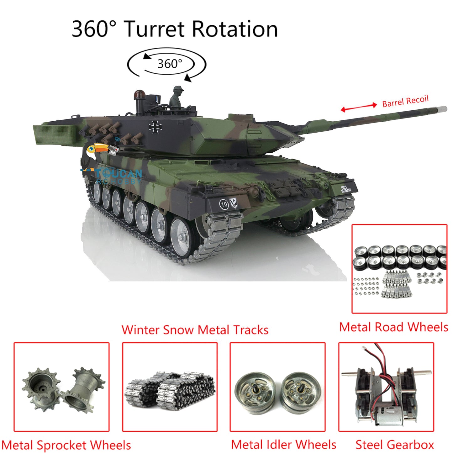 Heng Long Remote Control Tank Model 1/16 TK7.0 Leopard2A6 3889 Metal Track W/ Linkages Driving Gearbox 360 Rotating Turret